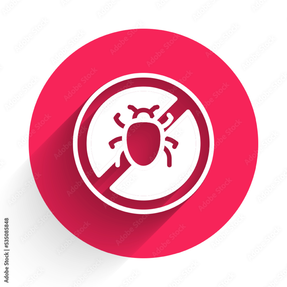 Poster white stop colorado beetle icon isolated with long shadow background. red circle button. vector