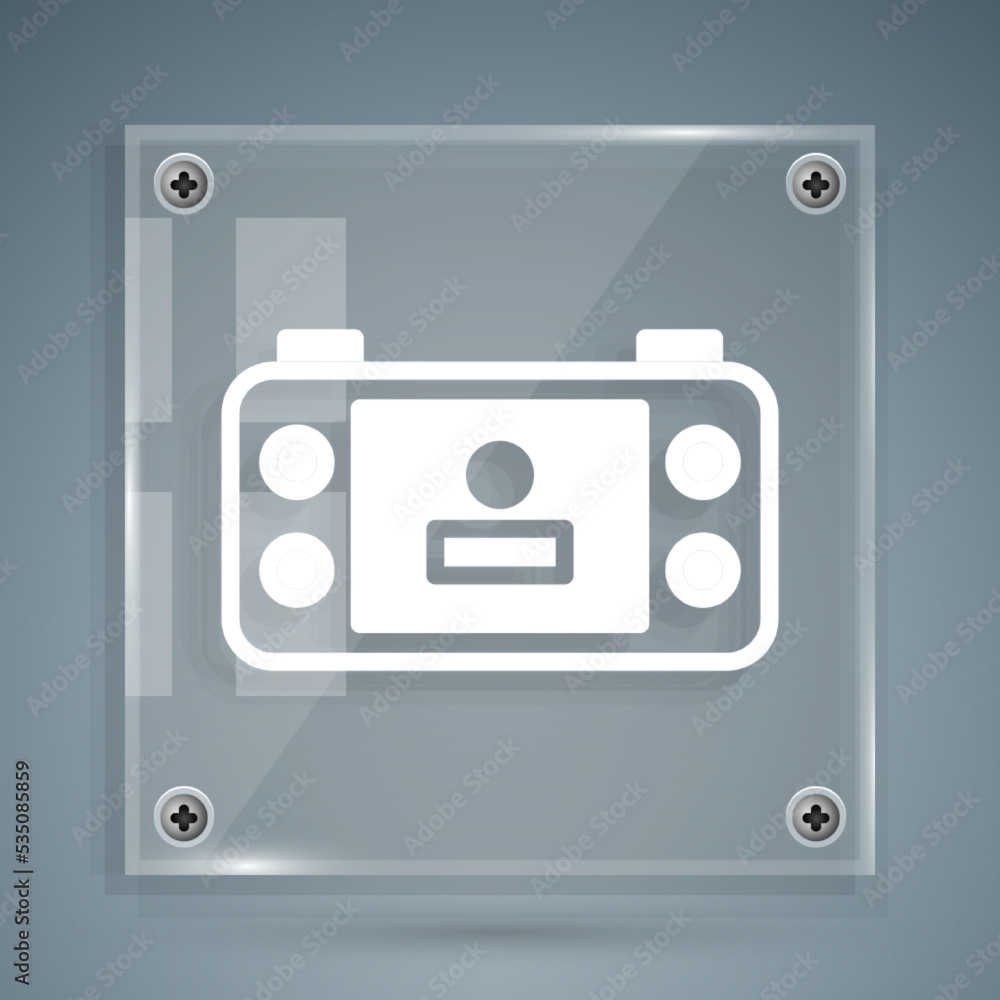 Poster white portable video game console icon isolated on grey background. handheld console gaming. square 