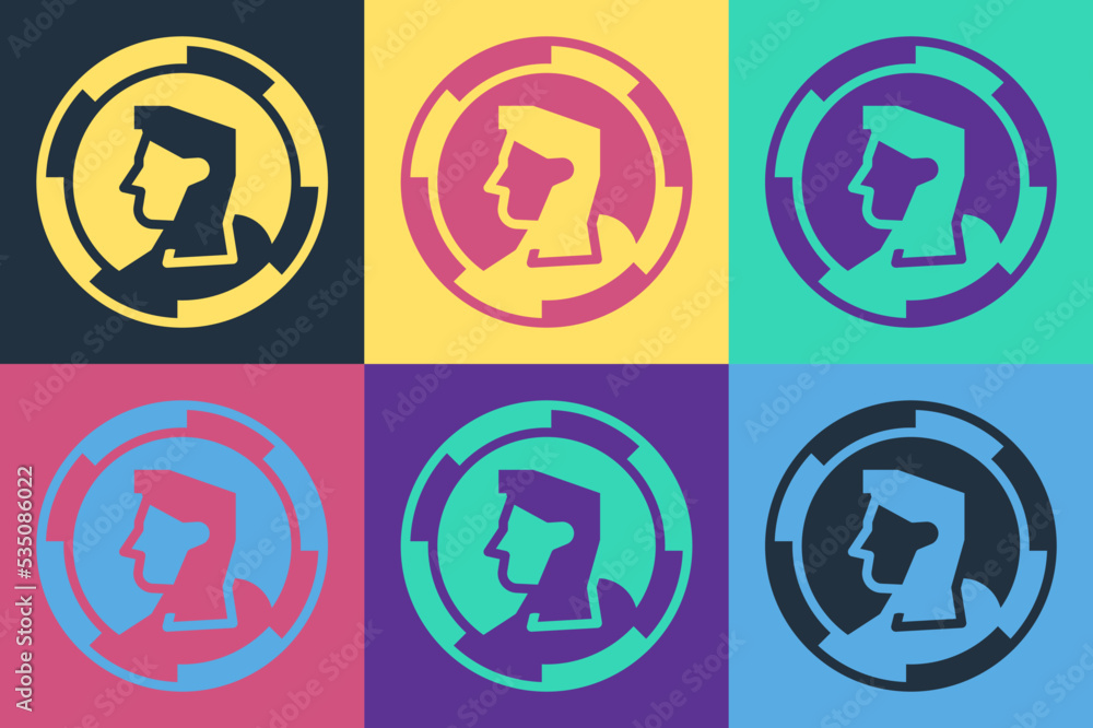 Poster pop art ancient coin icon isolated on color background. vector