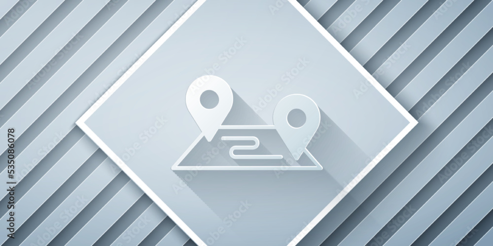 Poster paper cut route location icon isolated on grey background. map pointer sign. concept of path or road