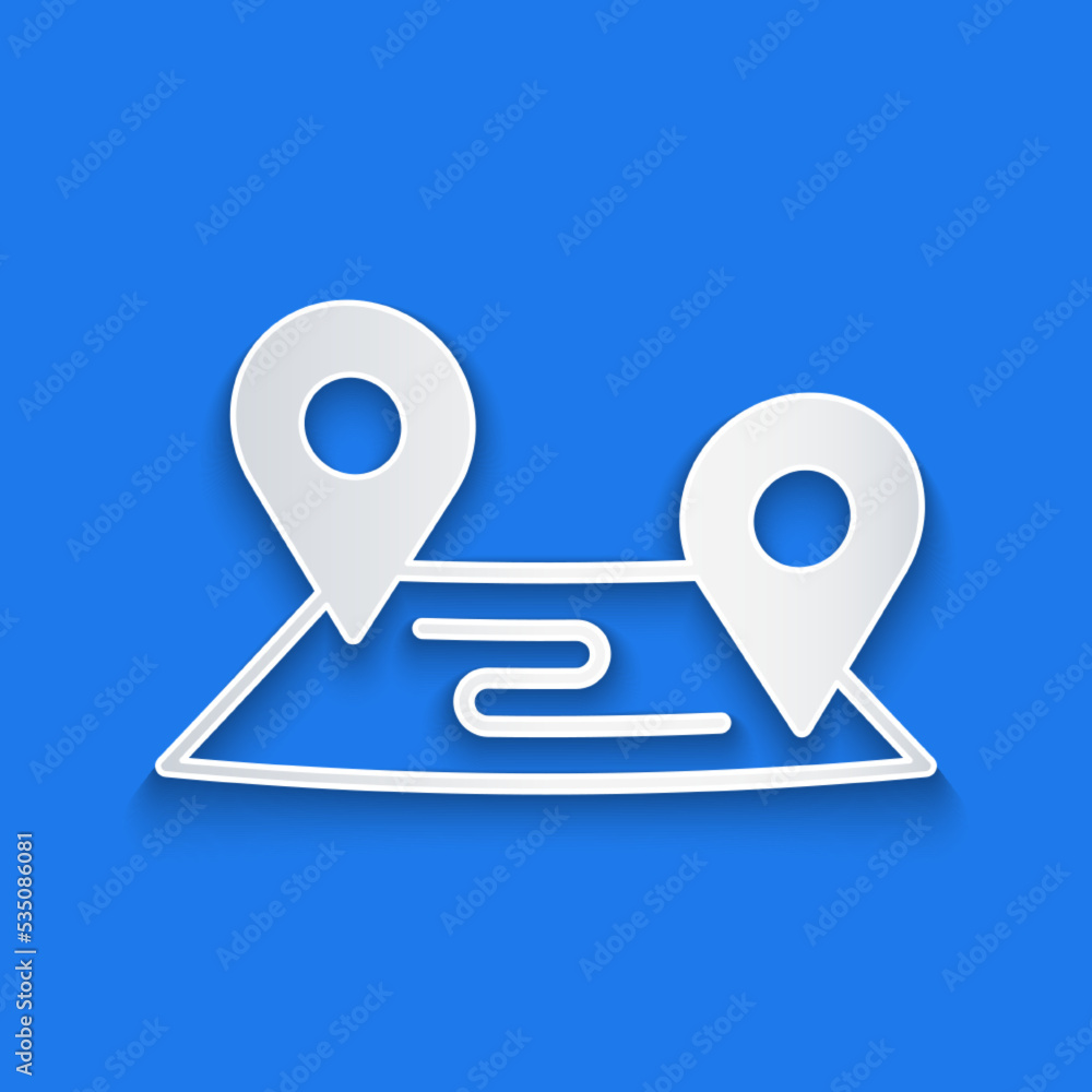 Poster paper cut route location icon isolated on blue background. map pointer sign. concept of path or road