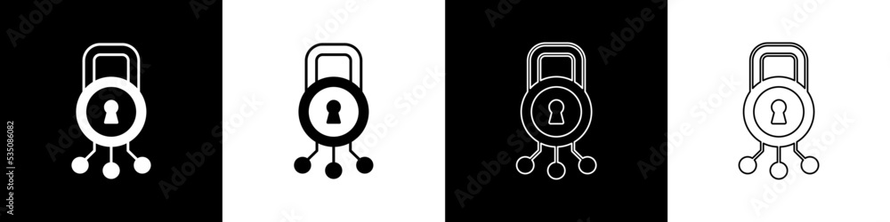 Poster set cyber security icon isolated on black and white background. closed padlock on digital circuit bo