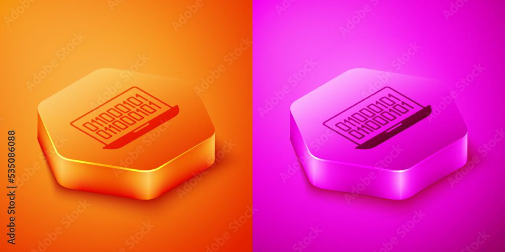 Poster isometric binary code icon isolated on orange and pink background. hexagon button. vector