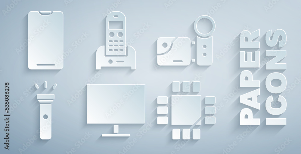 Poster set computer monitor screen, cinema camera, flashlight, processor with microcircuits cpu, telephone 