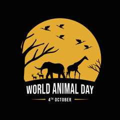 World animal day 4th October, Wildlife Day, Flat Vector Illustration, wildlife welfare day, World Wildlife Day, Wild animals silhouette, love animals banner, poster, social media post, yellow banner.