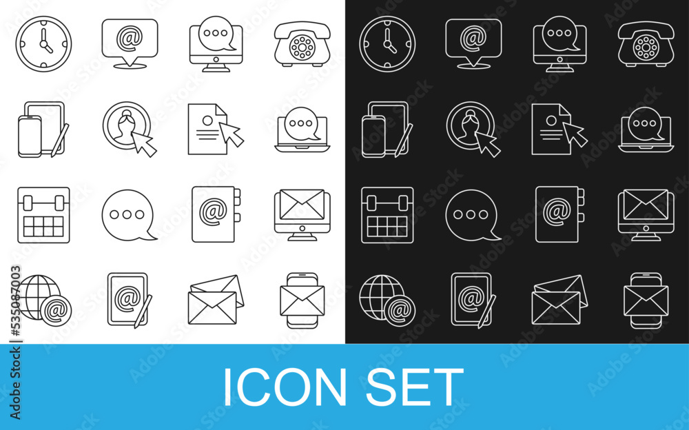 Poster set line mobile and envelope, monitor, chat messages notification laptop, monitor, create account sc