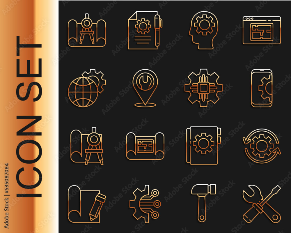 Poster set line screwdriver and wrench spanner, gear arrows as workflow, setting on smartphone, human head 