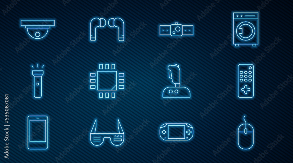 Poster set line computer mouse, remote control, smartwatch, processor with microcircuits cpu, flashlight, m