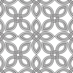 Floral geometric line seamless pattern in celtic style. Stylish ornamental monochrome background with flower petals