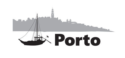 Portugal city Porto horizontal banner. Lettering Porto with traditional portuguese boat and cityscape skyline silhouette - obrazy, fototapety, plakaty