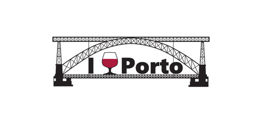Portugal city Porto horizontal banner. Lettering I love Porto with traditional porto wine glass and famous city landmark Eiffel bridge front view.