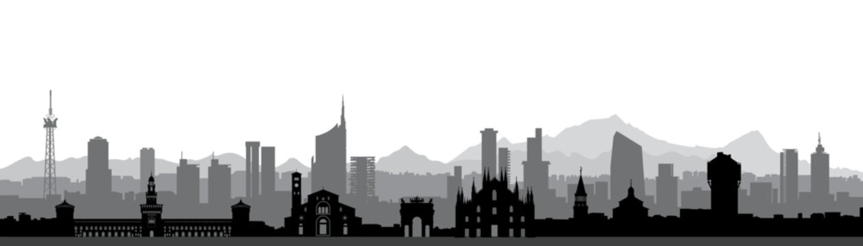 Milan City Skyline. Italy, Famous Architectural Tourist Landmarks. Travel Background With Historic Buildings. European Urban Italian Landscape.