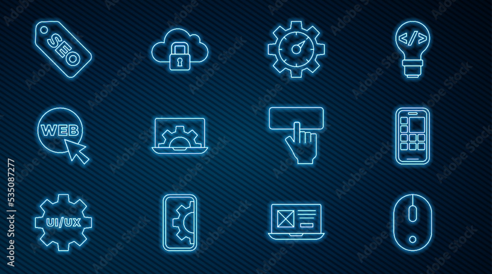 Poster set line computer mouse, mobile apps, website statistic, development, and graphic design, seo optimi