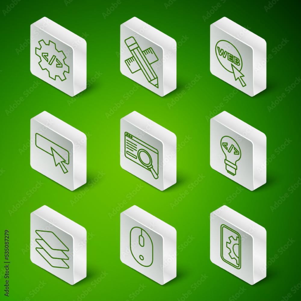 Poster set line web development, computer mouse, front end, ui or ux design, crossed ruler and pencil, laye
