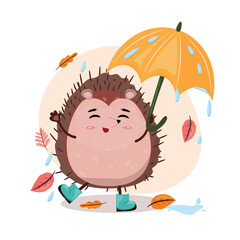Hedgehog with umbrella. Autumn cartoon illustration with a hedgehog holding an umbrella and enjoying the rain.Decorative border. Vector illustration.