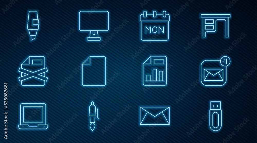 Poster set line usb flash drive, envelope, calendar, file document, delete file, marker pen, document with 