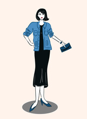 A young woman in a denim jacket and a black dress with a bag