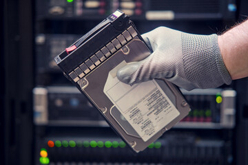 A hard disk for a raid in the hands of a man at a data storage server, close-up - obrazy, fototapety, plakaty