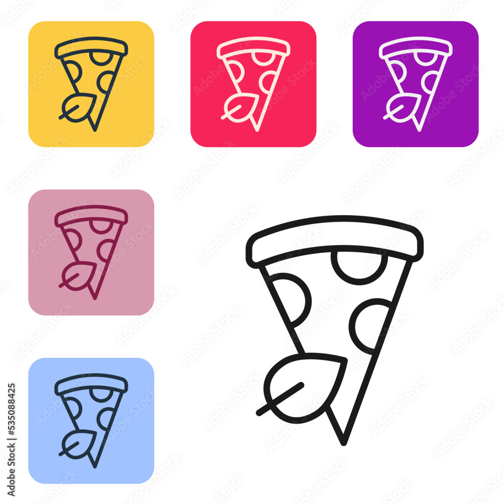 Poster black line vegan pizza slice icon isolated on white background. set icons in color square buttons. v