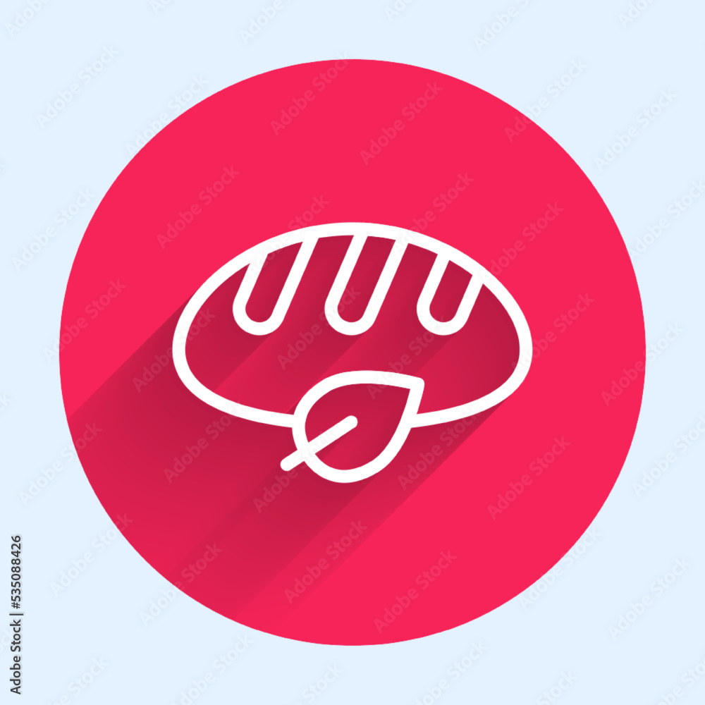 Poster White line Vegan bread loaf icon isolated with long shadow background. Red circle button. Vector