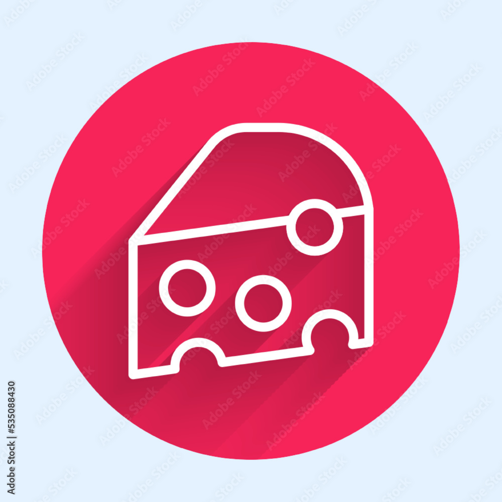 Poster White line Cheese icon isolated with long shadow background. Red circle button. Vector