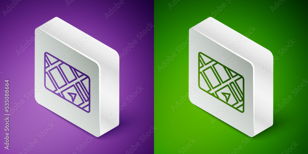 Poster isometric line gps device with map icon isolated on purple and green background. silver square butto