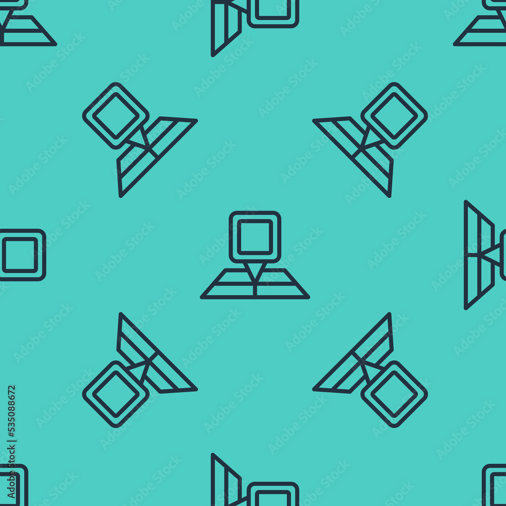 Poster black line folded map with location marker icon isolated seamless pattern on green background. vecto
