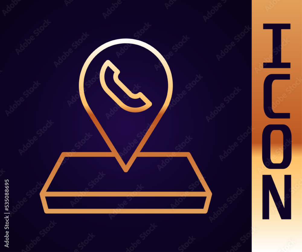 Poster gold line map pointer with telephone or communication icon isolated on black background. call center
