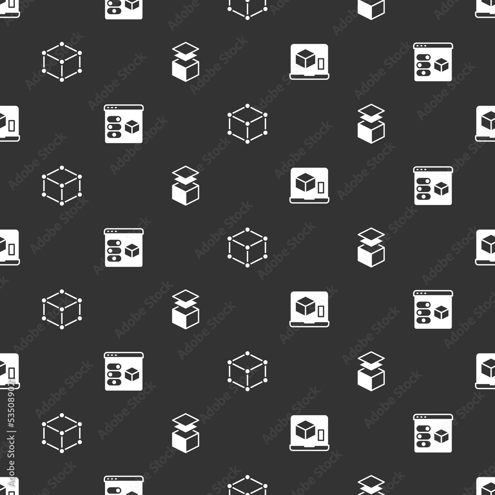 Poster set 3d printer, , isometric cube and layers on seamless pattern. vector
