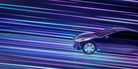 Futuristic generic cyber car racing on highway, Abstract high speed driving timelapse sport sedan light trails motion blur effects at night track 3d rendering, colorful supercar acceleration