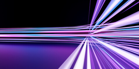 Futuristic vibrant blue purple color speed light, abstract timelapse highspeed car light trail motion effects at night 3d rendering, dynamic neon curve - 535089062