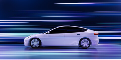Futuristic generic cyber car racing on highway, Abstract high speed driving timelapse sport sedan light trails motion blur effects at night track 3d rendering, colorful supercar acceleration