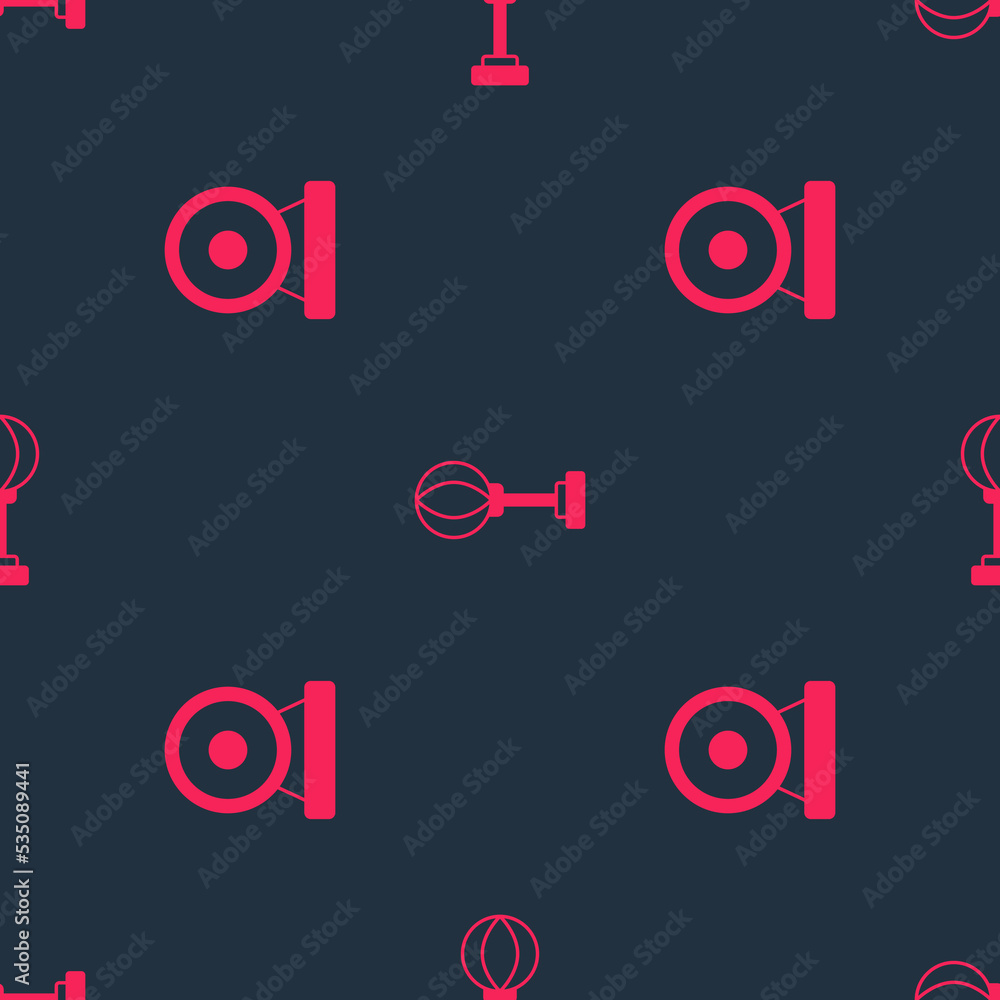Poster set boxing gong and punching bag on seamless pattern. vector