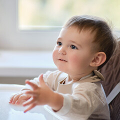 Waiting for food, baby todd is sitting at an empty table. A child in anticipation of lunch on a...