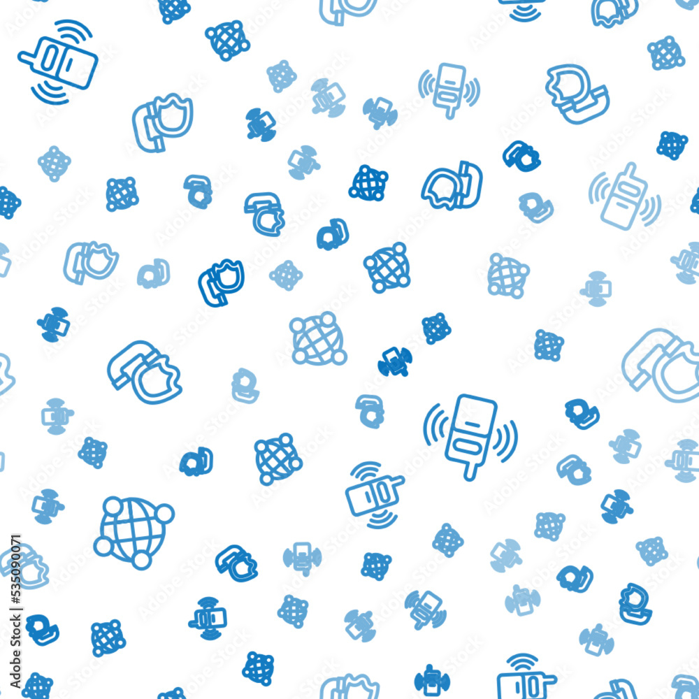 Poster set line global technology, mobile phone and telephone handset with shield on seamless pattern. vect