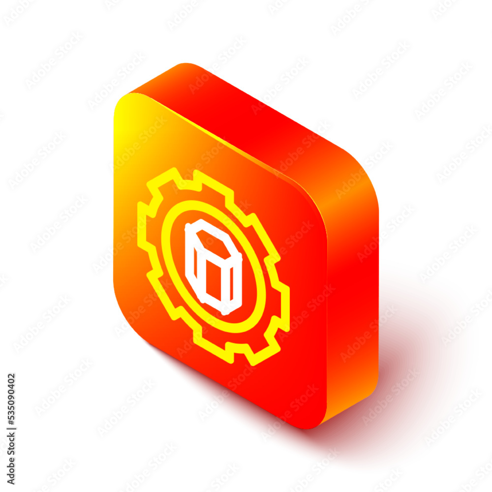 Poster isometric line 3d printer setting icon isolated on white background. 3d printing. orange square butt