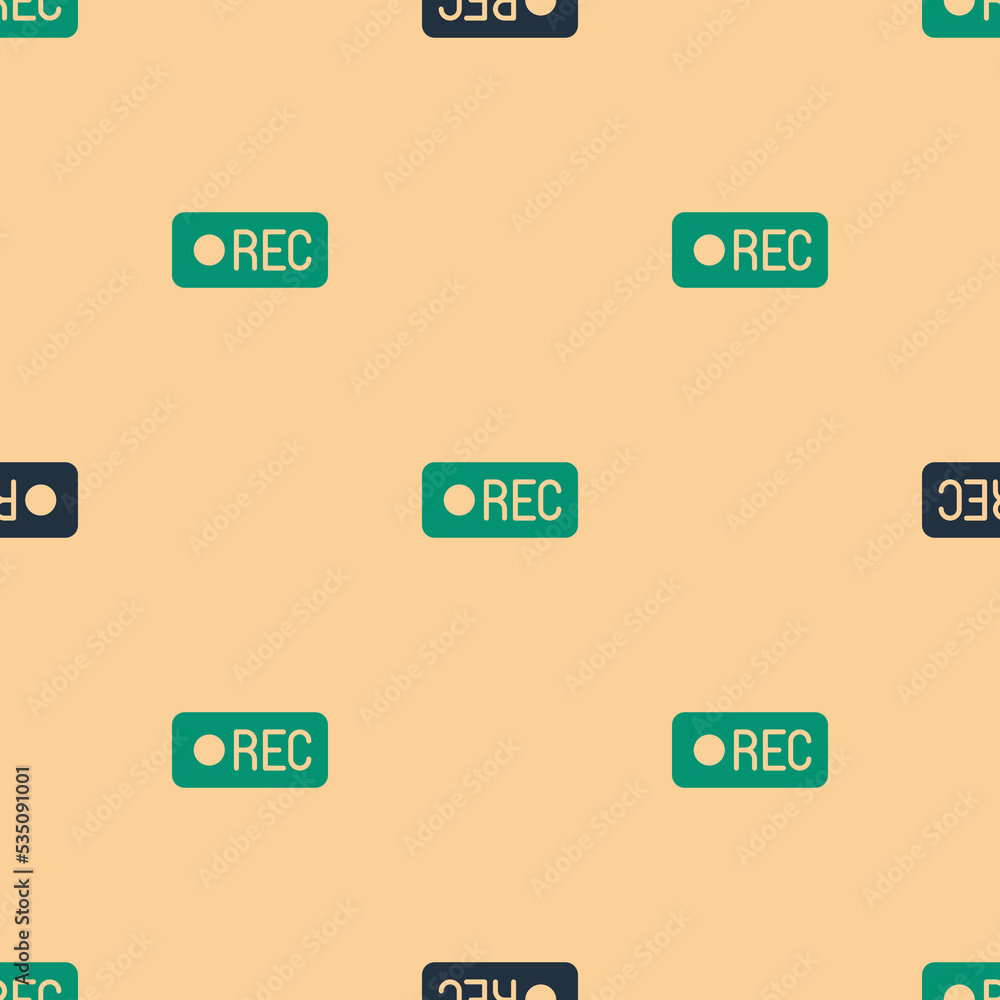 Poster green and black record button icon isolated seamless pattern on beige background. rec button. vector