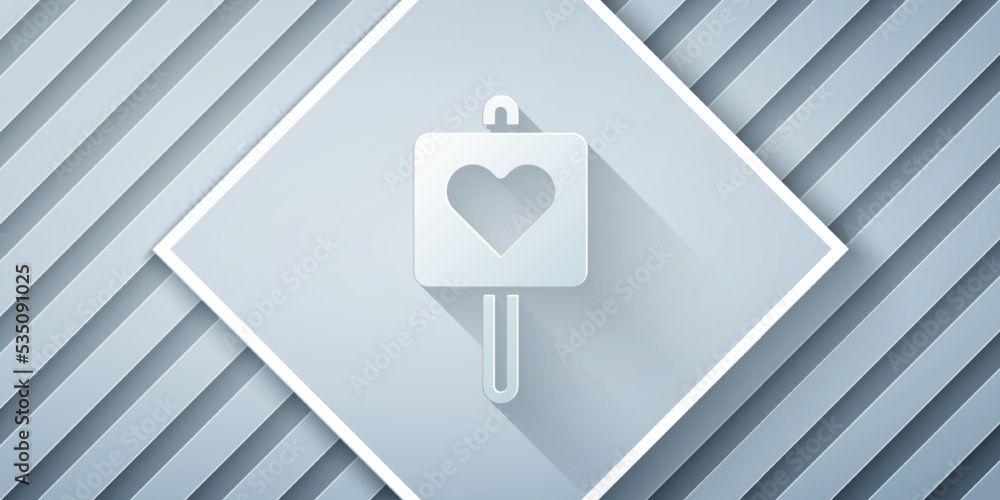 Poster paper cut map pointer with heart icon isolated on grey background. valentines day. love location. ro