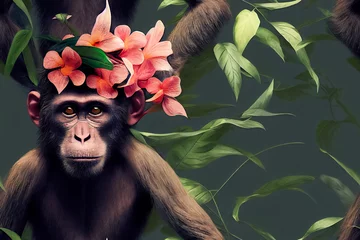 Süßer Affe mit Blumen, die auf einem Ast im grünen tropischen Wald sitzen. Nahtloser Hintergrund mit Affen. Tierwelt. © Viks_jin