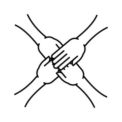 Four hands on top of each other icon. People connected by hands together sign. Vector illustration. Sports team, charity or volunteer group symbol.