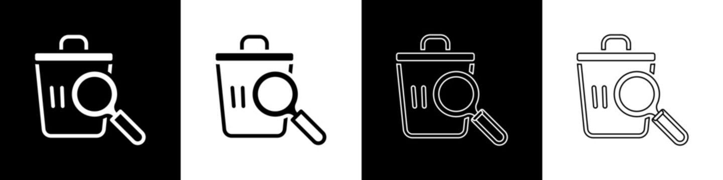 Set Searching for food in trash can on streets outdoors icon isolated on black and white background. Homelessness and poverty concept. Vector