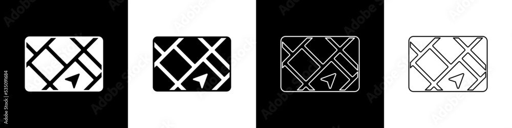 Poster set gps device with map icon isolated on black and white background. vector