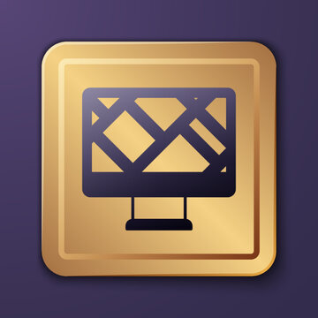 Purple Computer Monitor And Folded Map With Location Marker Icon Isolated On Purple Background. Gold Square Button. Vector