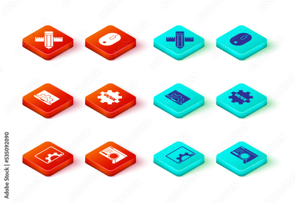 Poster set web development, ui or ux design, computer mouse and crossed ruler and pencil icon. vector