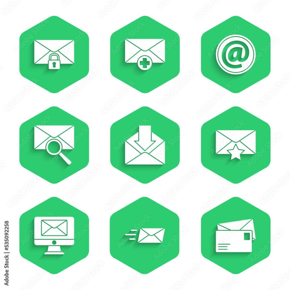 Poster set envelope, express envelope, with star, monitor and, magnifying glass, mail e-mail and message lo