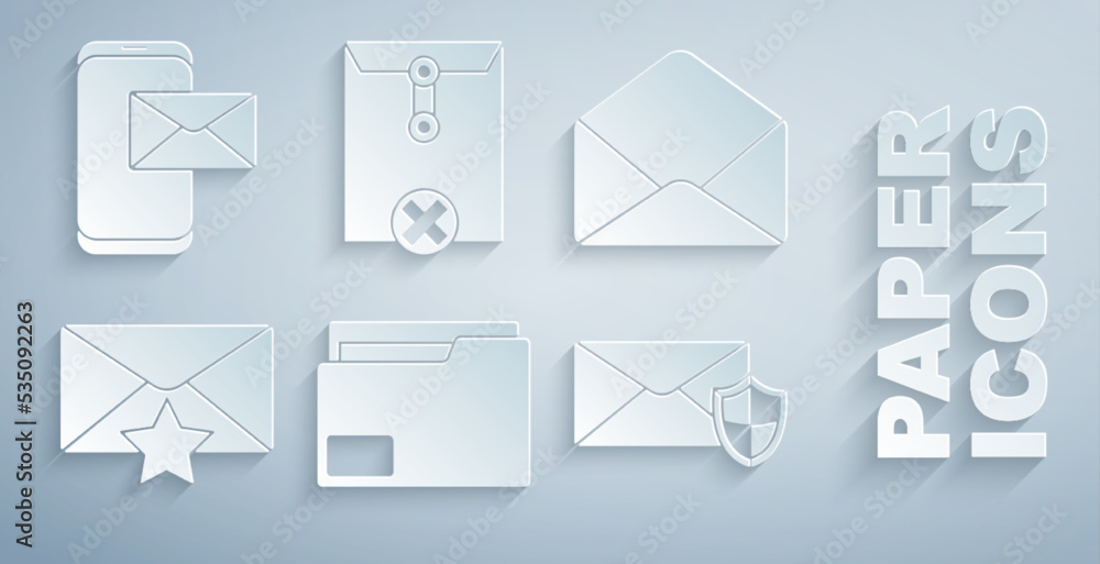Poster set document folder, envelope, with star, shield, delete envelope and mobile and icon. vector