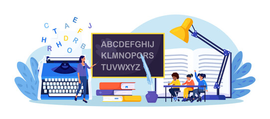 Literature school subject. Students learning foreign alphabet. Pupil reading novel, poetry, grammar book, encyclopedia, classic verses. Teacher standing near typewriter. Screenwriting, journalism