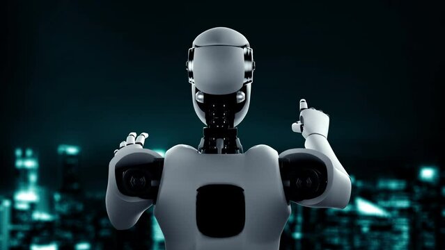 Futuristic robot artificial intelligence huminoid AI programming coding technology development and machine learning concept. Robotic bionic science research for future of human life. 3D rendering.