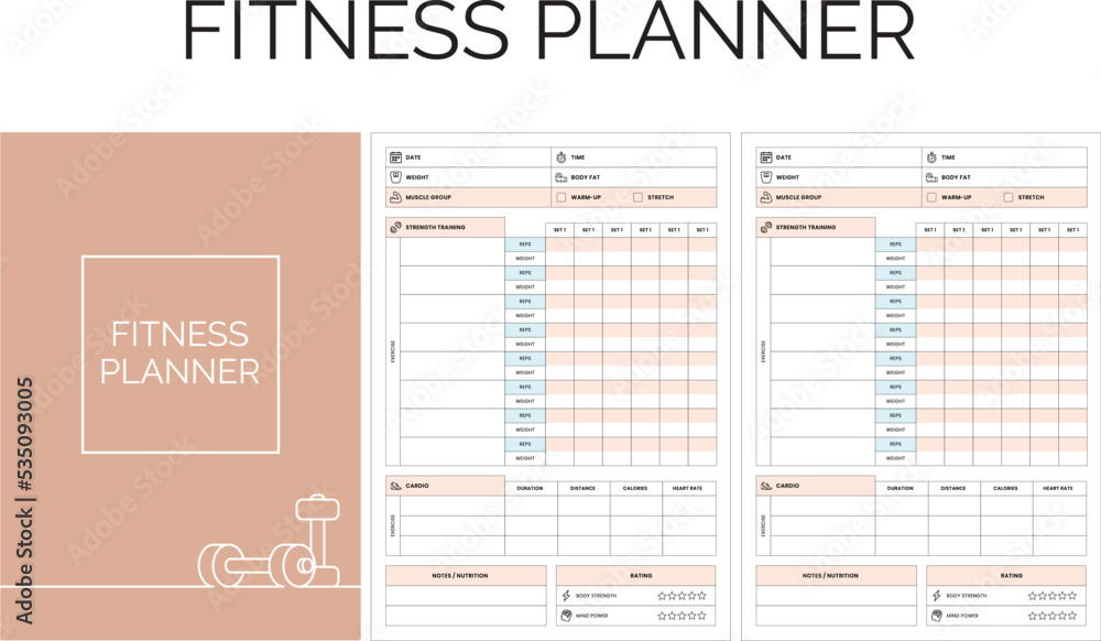 Wall mural Fitness Planner pages template, strength training workout weekly fitness, weight loss tracker 