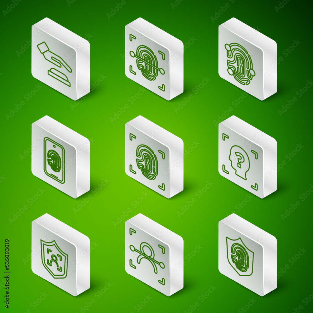 Poster set line fingerprint in shield, face recognition, palm, mobile with fingerprint scan, shield face an